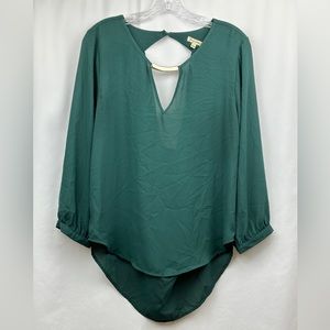Lily White Keyhole Neck Open Back Long Bishop Sleeve Green Chiffon Blouse Size L